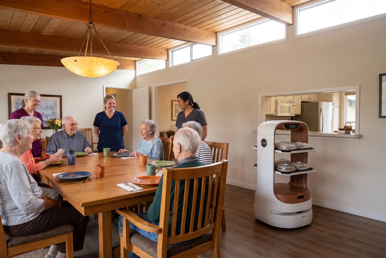A care assistant serving residents at lunch in a Born dining room