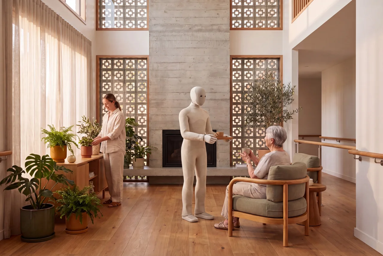 A humanoid care companion standing with a caregiver and resident in a Born atrium
